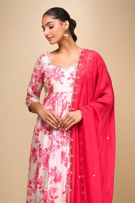 Samyukta Singhania_White Cotton Square Neck Floral Print Anarkali Set With Dupatta _at_Aza_Fashions