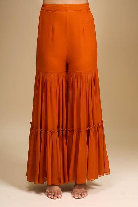 Samyukta Singhania Orange Crepe Round Neck Floral Peplum Kurta And Gharara Set Online at Aza Fashions Samyukta Singhania_Orange Crepe Round Neck Floral Peplum Kurta And Gharara Set _Online_at_Aza_Fashions