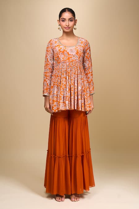 Shop Samyukta Singhania Orange Crepe Round Neck Floral Peplum Kurta And Gharara Set Online at Aza Fashions Shop_Samyukta Singhania_Orange Crepe Round Neck Floral Peplum Kurta And Gharara Set _Online_at_Aza_Fashions