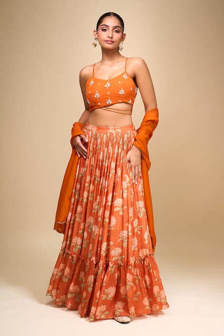 Samyukta Singhania Orange Organza Embroidery Round Neck Floral Lehenga Set Online at Aza Fashions Samyukta Singhania_Orange Organza Embroidery Round Neck Floral Lehenga Set _Online_at_Aza_Fashions