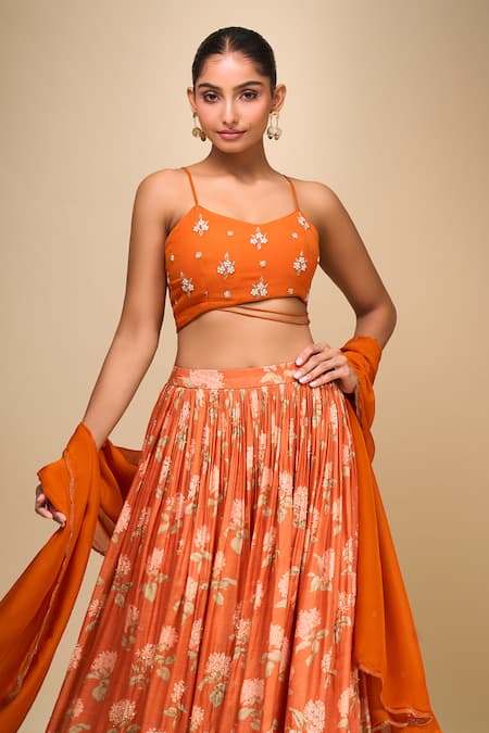 Buy Samyukta Singhania Orange Organza Embroidery Round Neck Floral Lehenga Set Online at Aza Fashions Buy_Samyukta Singhania_Orange Organza Embroidery Round Neck Floral Lehenga Set _Online_at_Aza_Fashions