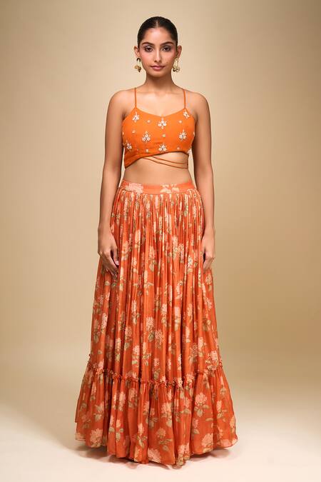 Shop Samyukta Singhania Orange Organza Embroidery Round Neck Floral Lehenga Set Online at Aza Fashions Shop_Samyukta Singhania_Orange Organza Embroidery Round Neck Floral Lehenga Set _Online_at_Aza_Fashions