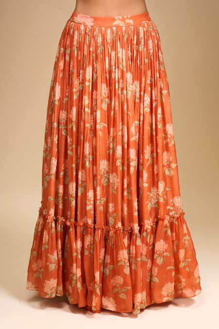 Samyukta Singhania Orange Organza Embroidery Round Neck Floral Lehenga Set at Aza Fashions Samyukta Singhania_Orange Organza Embroidery Round Neck Floral Lehenga Set _at_Aza_Fashions