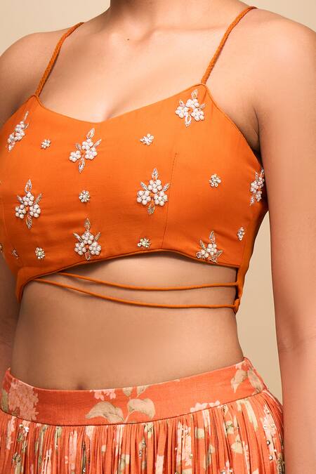 Buy Samyukta Singhania Orange Organza Embroidery Round Neck Floral Lehenga Set Buy_Samyukta Singhania_Orange Organza Embroidery Round Neck Floral Lehenga Set