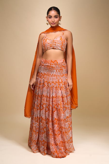 Buy Samyukta Singhania Orange Organza Round Neck Floral Lehenga Set Online at Aza Fashions Buy_Samyukta Singhania_Orange Organza Round Neck Floral Lehenga Set _Online_at_Aza_Fashions