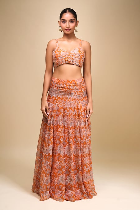 Shop Samyukta Singhania Orange Organza Round Neck Floral Lehenga Set Online at Aza Fashions Shop_Samyukta Singhania_Orange Organza Round Neck Floral Lehenga Set _Online_at_Aza_Fashions