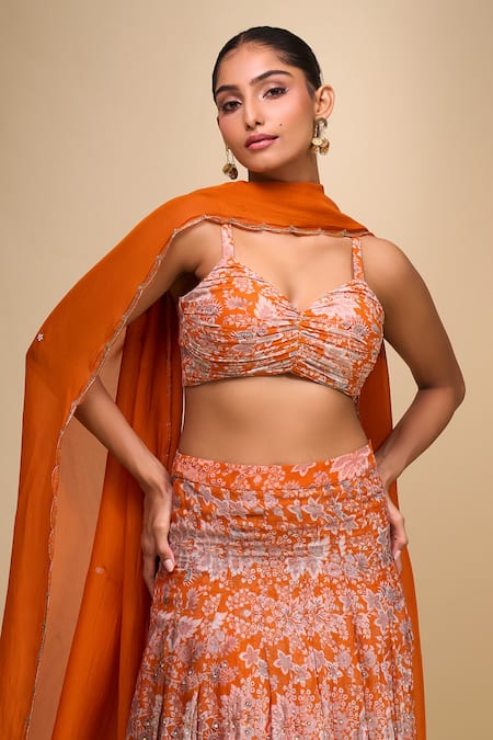 Buy Samyukta Singhania Orange Organza Round Neck Floral Lehenga Set Buy_Samyukta Singhania_Orange Organza Round Neck Floral Lehenga Set