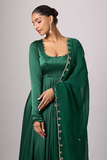 Samyukta Singhania_Green Satin, Organza Beads Round Neck Dark Anarkali With Dupatta _Online_at_Aza_Fashions