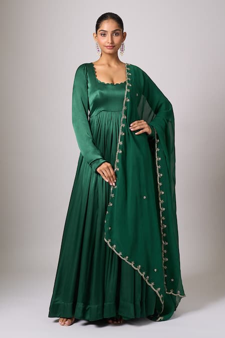 Shop_Samyukta Singhania_Green Satin, Organza Beads Round Neck Dark Anarkali With Dupatta _Online_at_Aza_Fashions