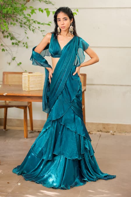 Foram Patel_Teal Organza Round Neck Green Pre-draped Saree Set_Online_at_Aza_Fashions