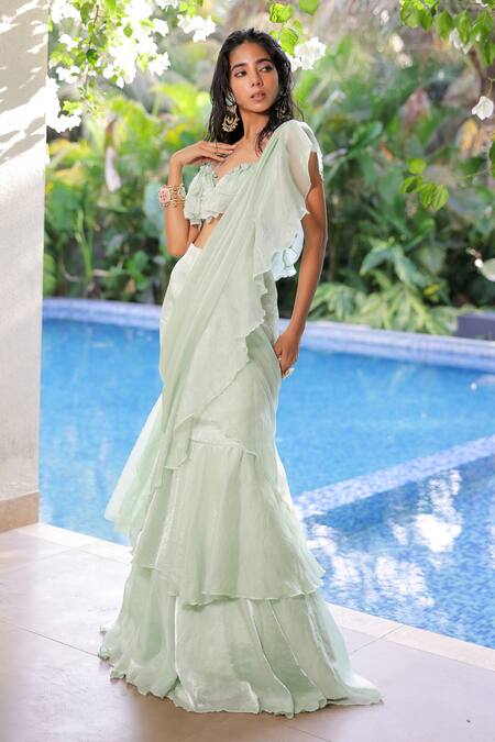 Buy Foram Patel Mint Organza Round Neck Green Designer Pre-draped Saree Set Buy_Foram Patel_Mint Organza Round Neck Green Designer Pre-draped Saree Set