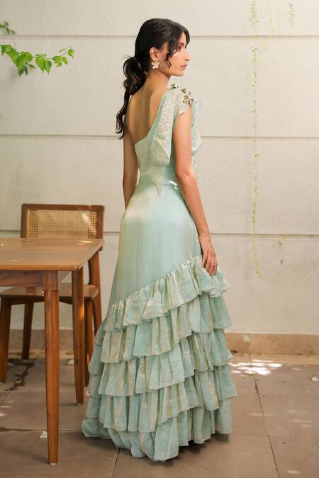Buy_Foram Patel_Sky Blue Organza One Shoulder Designer Dress_Online_at_Aza_Fashions