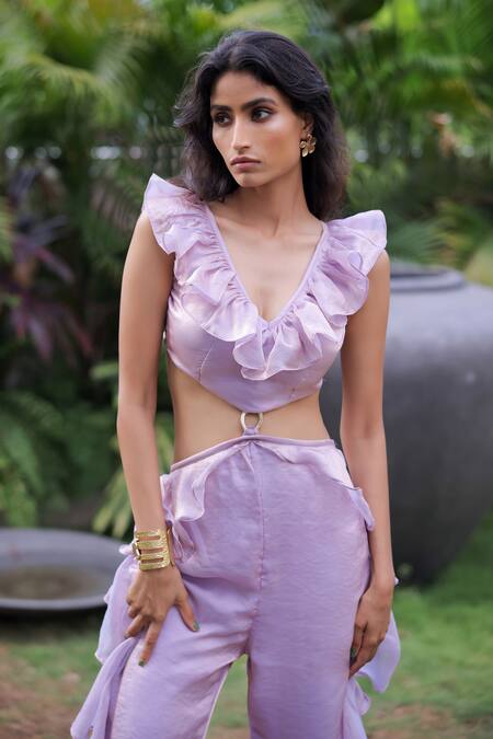 Foram Patel Lilac Organza V-neck Ruffled Designer Jumpsuit Online at Aza Fashions Foram Patel_Lilac Organza V-neck Ruffled Designer Jumpsuit_Online_at_Aza_Fashions