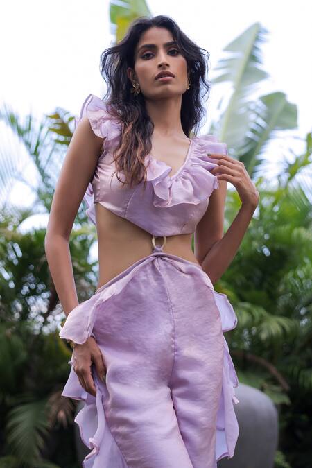 Buy Foram Patel Lilac Organza V-neck Ruffled Designer Jumpsuit Online at Aza Fashions Buy_Foram Patel_Lilac Organza V-neck Ruffled Designer Jumpsuit_Online_at_Aza_Fashions