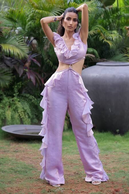Shop Foram Patel Lilac Organza V-neck Ruffled Designer Jumpsuit Online at Aza Fashions Shop_Foram Patel_Lilac Organza V-neck Ruffled Designer Jumpsuit_Online_at_Aza_Fashions