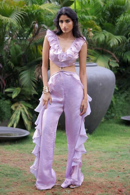 Foram Patel Lilac Organza V-neck Ruffled Designer Jumpsuit at Aza Fashions Foram Patel_Lilac Organza V-neck Ruffled Designer Jumpsuit_at_Aza_Fashions