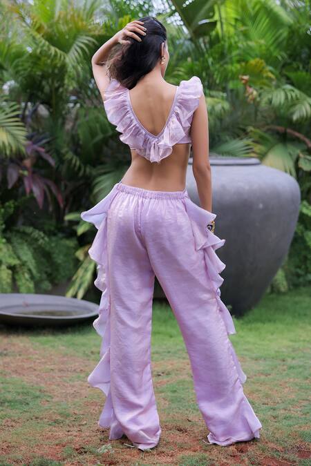 Shop Foram Patel Lilac Organza V-neck Ruffled Designer Jumpsuit at Aza Fashions Shop_Foram Patel_Lilac Organza V-neck Ruffled Designer Jumpsuit_at_Aza_Fashions