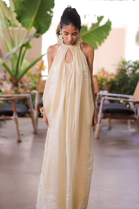 Foram Patel_Cream Organza Halter Neck Designer Soft Jumpsuit_Online_at_Aza_Fashions