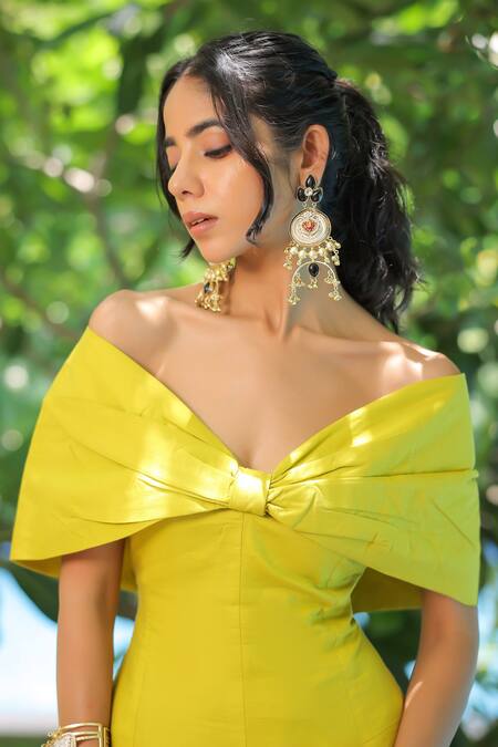 Foram Patel_Green Rayon Off-shoulder Lime Designer Dress_Online_at_Aza_Fashions