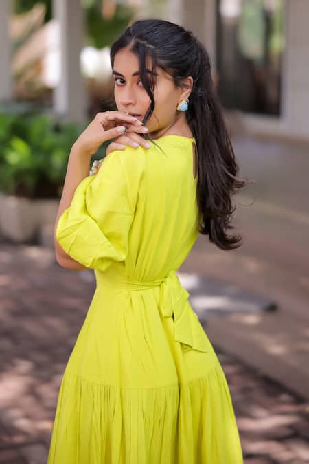 Shop_Foram Patel_Green Rayon V-neck Lime Designer Dress_Online_at_Aza_Fashions