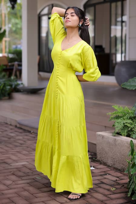 Foram Patel_Green Rayon V-neck Lime Designer Dress_at_Aza_Fashions