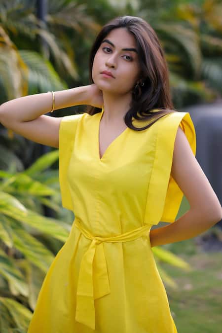 Foram Patel_Yellow Rayon V-neck Designer Dress_Online_at_Aza_Fashions
