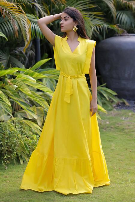 Buy_Foram Patel_Yellow Rayon V-neck Designer Dress_Online_at_Aza_Fashions