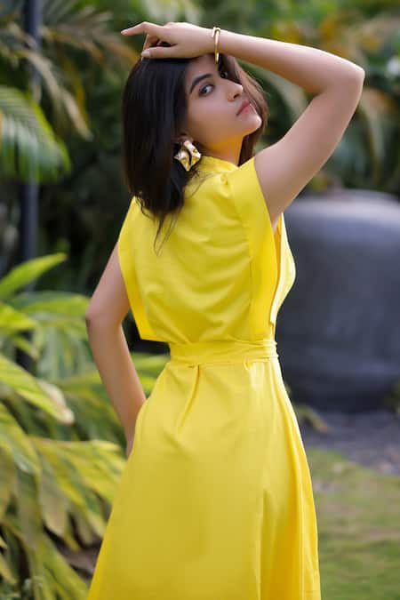 Shop_Foram Patel_Yellow Rayon V-neck Designer Dress_Online_at_Aza_Fashions