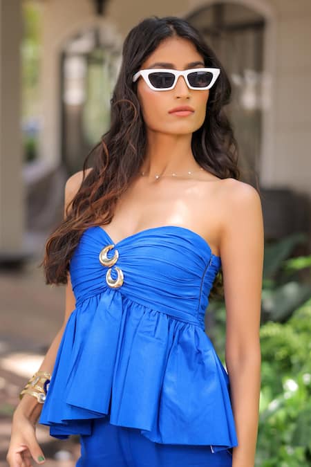 Buy_Foram Patel_Blue Rayon Sweetheart Neck Electric Designer Top And Pant Set