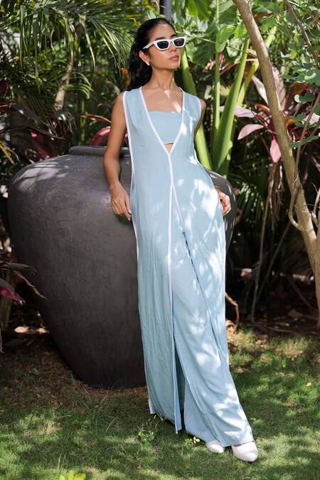 Buy_Foram Patel_Sky Blue Rayon Open , Bandeau Designer Jacket And Pant Set