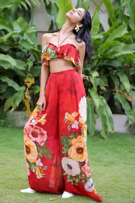 Foram Patel Red Georgette Floral Print Set 