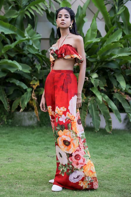 Shop_Foram Patel_Red Georgette Floral Print Set_Online_at_Aza_Fashions