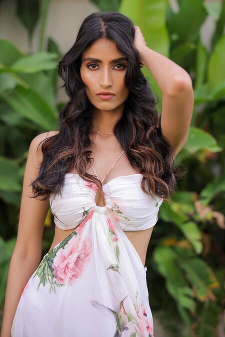 Foram Patel_White Georgette Halter Neck Floral Designer Dress_Online_at_Aza_Fashions