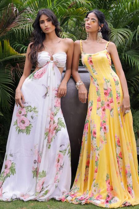 Foram Patel_White Georgette Halter Neck Floral Designer Dress_at_Aza_Fashions