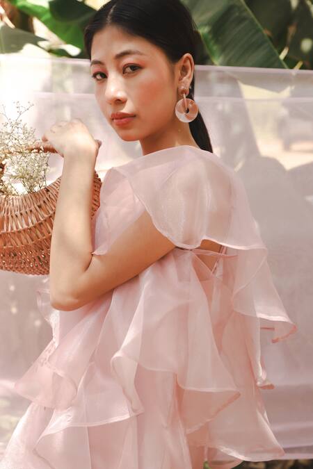 Marche_Purple Organza, Crepe Round Neck Mauve Shift Dress _Online_at_Aza_Fashions