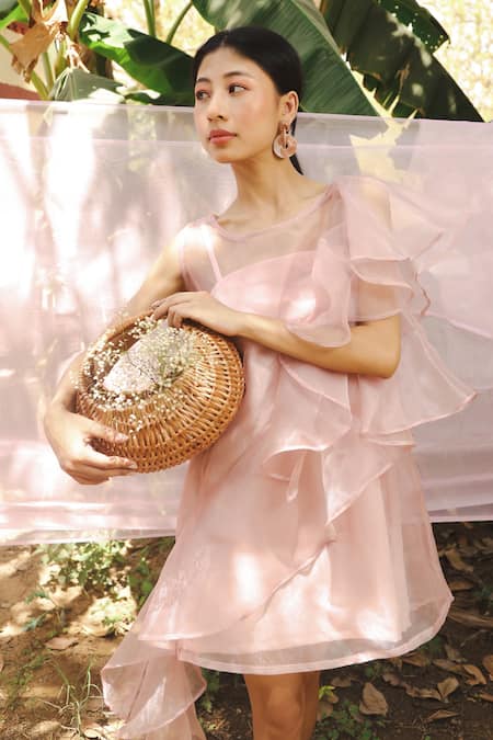 Buy_Marche_Purple Organza, Crepe Round Neck Mauve Shift Dress _Online_at_Aza_Fashions