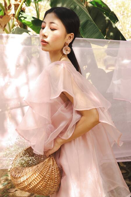 Shop_Marche_Purple Organza, Crepe Round Neck Mauve Shift Dress _Online_at_Aza_Fashions