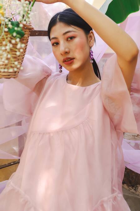 Marche Purple Organza, Crepe Round Neck Mauve Mini Panelled Tier Dress Online at Aza Fashions Marche_Purple Organza, Crepe Round Neck Mauve Mini Panelled Tier Dress _Online_at_Aza_Fashions