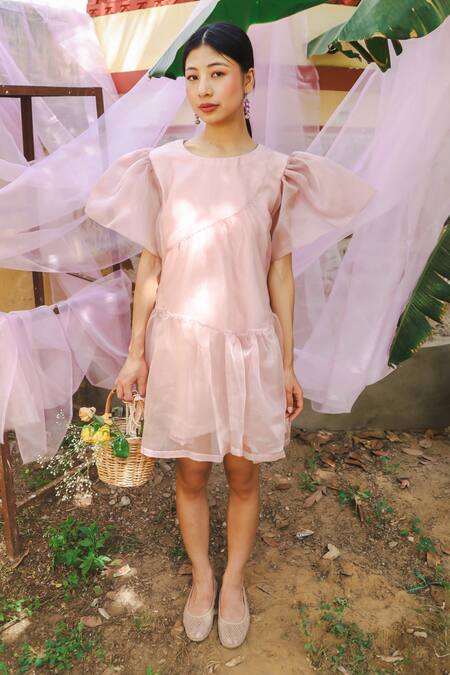 Shop Marche Purple Organza, Crepe Round Neck Mauve Mini Panelled Tier Dress Online at Aza Fashions Shop_Marche_Purple Organza, Crepe Round Neck Mauve Mini Panelled Tier Dress _Online_at_Aza_Fashions