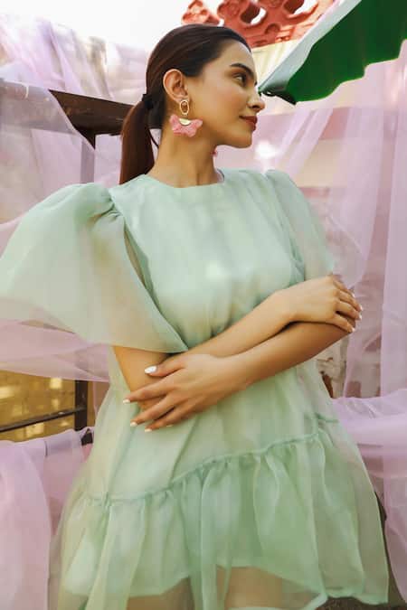 Marche Green Organza, Crepe Round Neck Mini Tiered Dress Online at Aza Fashions Marche_Green Organza, Crepe Round Neck Mini Tiered Dress _Online_at_Aza_Fashions