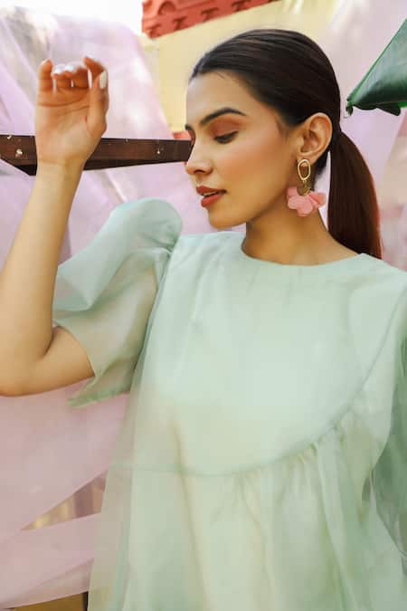 Buy Marche Green Organza, Crepe Round Neck Mini Tiered Dress Online at Aza Fashions Buy_Marche_Green Organza, Crepe Round Neck Mini Tiered Dress _Online_at_Aza_Fashions