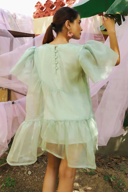 Marche Green Organza Mini Tiered Dress 