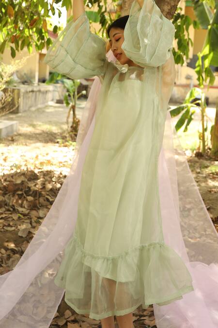 Marche Green Organza, Crepe Round Neck Maxi Bow Dress Online at Aza Fashions Marche_Green Organza, Crepe Round Neck Maxi Bow Dress _Online_at_Aza_Fashions