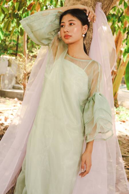 Buy Marche Green Organza, Crepe Round Neck Maxi Bow Dress Online at Aza Fashions Buy_Marche_Green Organza, Crepe Round Neck Maxi Bow Dress _Online_at_Aza_Fashions