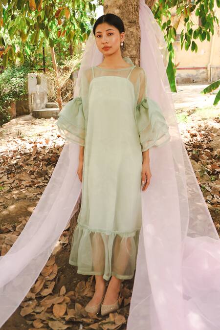 Shop Marche Green Organza, Crepe Round Neck Maxi Bow Dress Online at Aza Fashions Shop_Marche_Green Organza, Crepe Round Neck Maxi Bow Dress _Online_at_Aza_Fashions