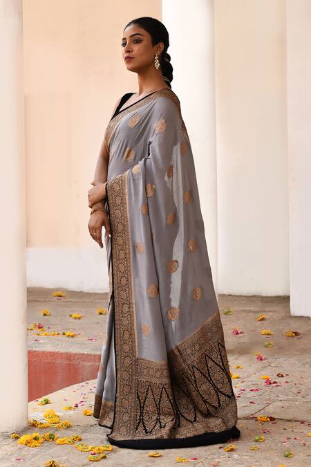 Naaritva India_Gray Crepe, Silk Zari Grey Banarasi Saree With Running Blouse _Online_at_Aza_Fashions