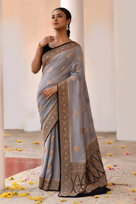 Buy_Naaritva India_Gray Crepe, Silk Zari Grey Banarasi Saree With Running Blouse _Online_at_Aza_Fashions