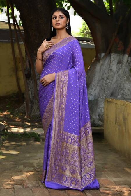 Naaritva India_Lavender Crepe, Silk Zari Banarasi Saree With Running Blouse _at_Aza_Fashions