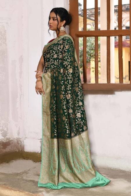 Naaritva India_Green Crepe, Chiffon, Silk Zari Banarasi Hand Woven Saree With Running Blouse _Online_at_Aza_Fashions