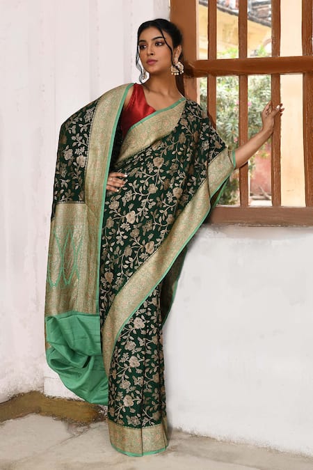 Buy_Naaritva India_Green Crepe, Chiffon, Silk Zari Banarasi Hand Woven Saree With Running Blouse _Online_at_Aza_Fashions
